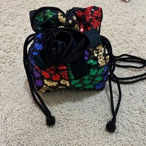 vintage Sequin Drawstring Pouch with Black Rose Accent